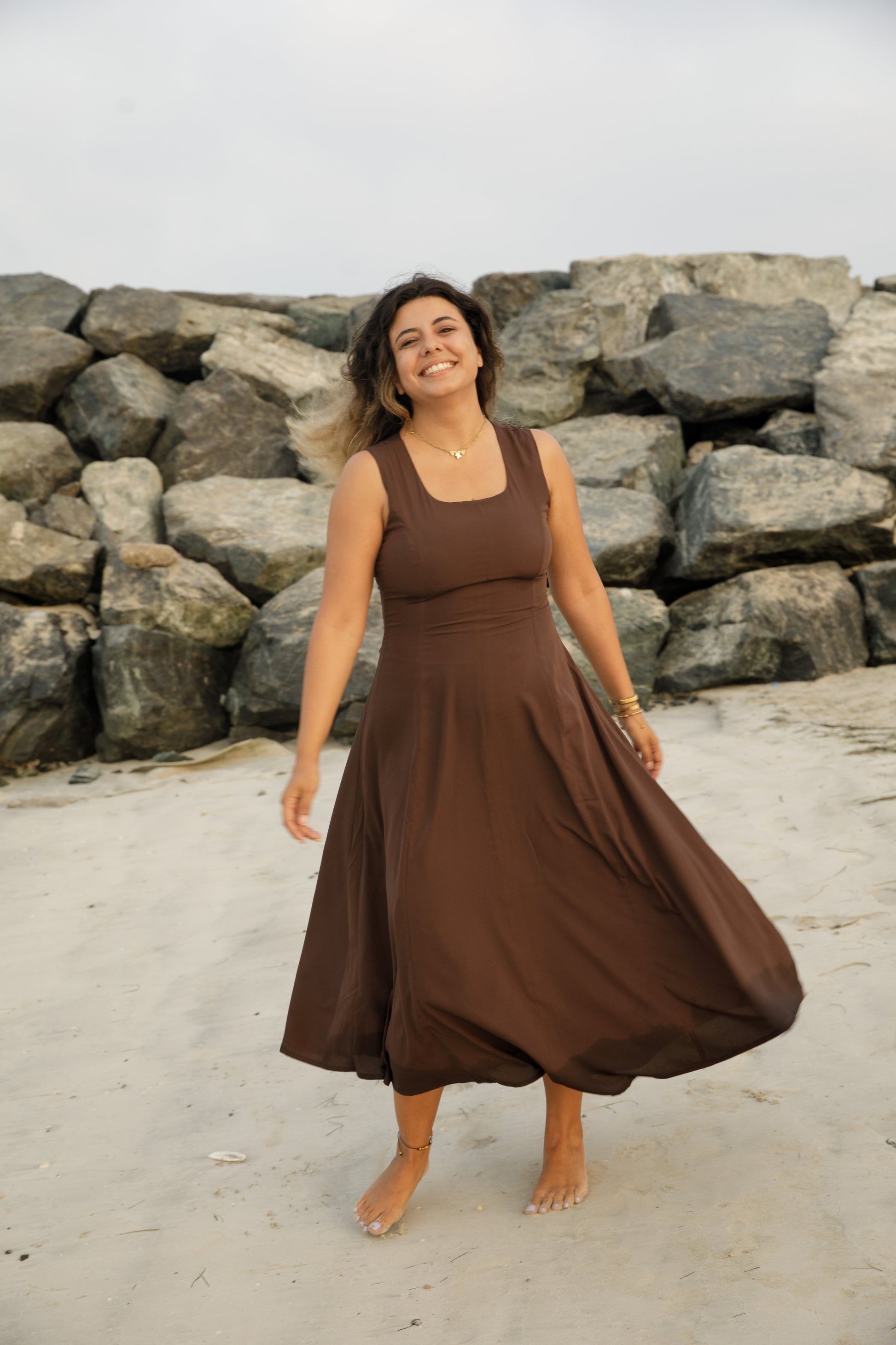 light brown flowy dress Ovticza Cotton Linen Backless Cami Midi Dress Women Spaghetti Strap Summer Beach Flowy Dress Light Brown M, Women's, Size: Medium